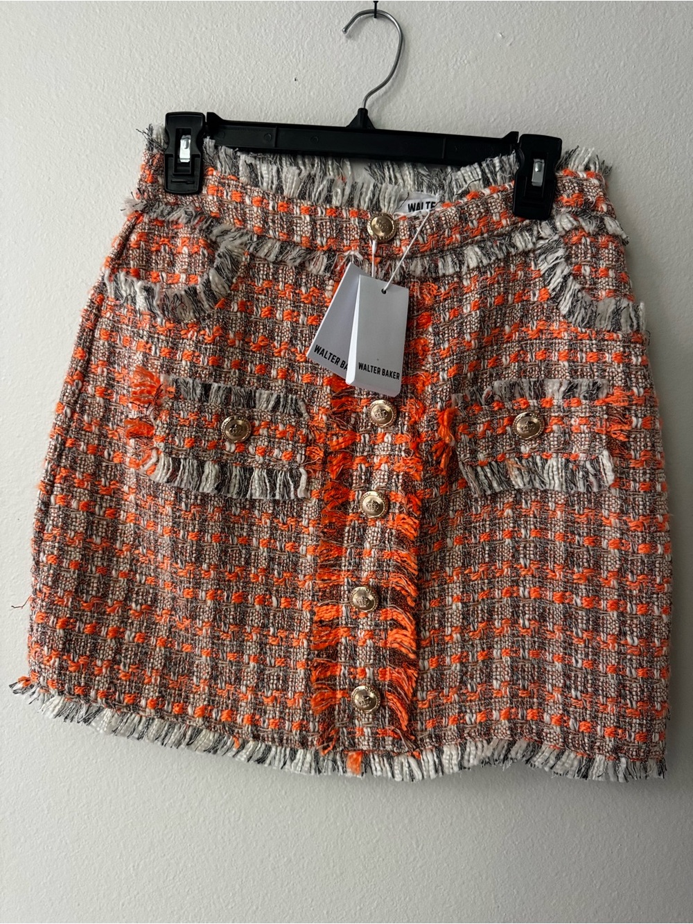 Walter Baker Orange and Cream Tweed Fringe Pocket Mini Skirt with Gold Buttons